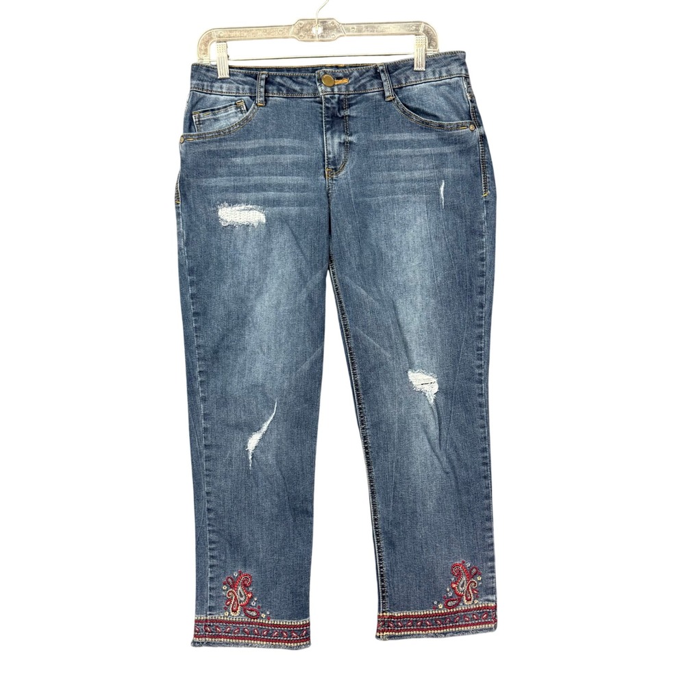 Democracy Jeans Womens 8 Blue Slim Straight Flood Distressed Embroidered Boho